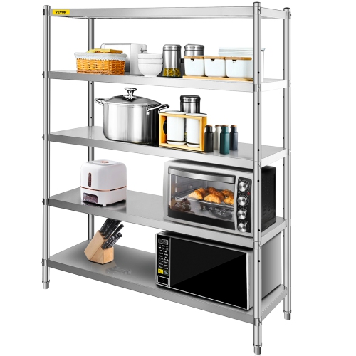 VEVOR 60x18.5 Inch Stainless Steel Shelving 5 Tier Adjustable Shelf Storage Unit Stainless Steel Heavy Duty Shelving for Kitchen Commercial Office