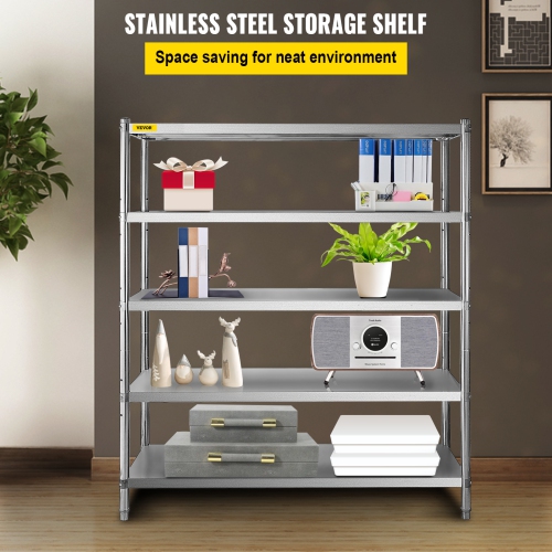 VEVOR 60x18.5 Inch Stainless Steel Shelving 5 Tier Adjustable Shelf Storage Unit Stainless Steel Heavy Duty Shelving for Kitchen Commercial Office
