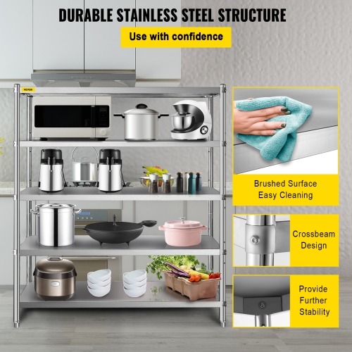 VEVOR 60x18.5 Inch Stainless Steel Shelving 5 Tier Adjustable Shelf Storage Unit Stainless Steel Heavy Duty Shelving for Kitchen Commercial Office