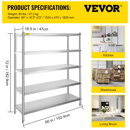 VEVOR 60x18.5 Inch Stainless Steel Shelving 5 Tier Adjustable Shelf Storage Unit Stainless Steel Heavy Duty Shelving for Kitchen Commercial Office