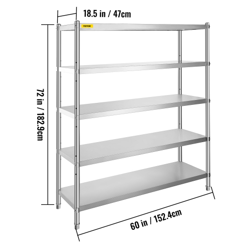 VEVOR 60x18.5 Inch Stainless Steel Shelving 5 Tier Adjustable Shelf Storage Unit Stainless Steel Heavy Duty Shelving for Kitchen Commercial Office