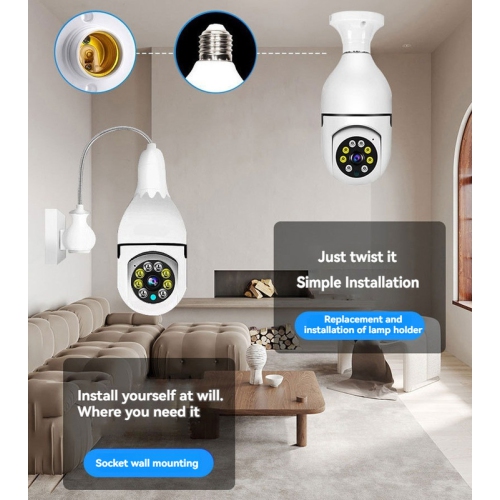 Caméra à ampoule Wi-Fi 2,4 GHz, vision nocturne ultra-nette + voix bidirectionnelle, surveillance panoramique à 360°, surveillance à distance du
