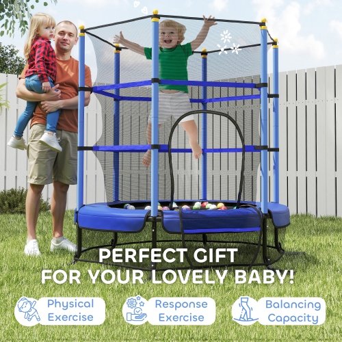 Qaba Kids Trampoline with Safety Enclosure Net and Built-in Zipper Safety Pad, Indoor Outdoor Exercise Fitness Equipment for Children Toddler Age