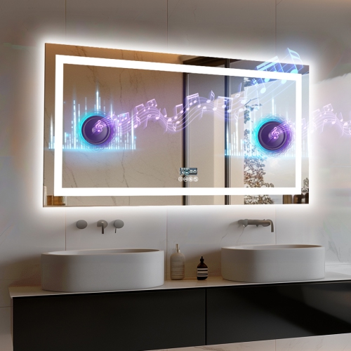 LUVODI 40''x24'' LED Bathroom Mirror with Lights, Built-in Bluetooth Speaker, Anti-Fog Dimmable 3 Lights Setting Backlit + Front Lit, Lighted Vanity