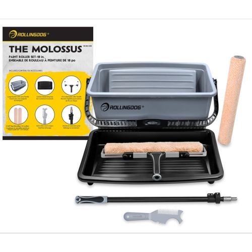 Rollingdog The Molossus Large 18" Adjustable Lint-Free Super-Microfiber Paint Roller Tray Set with Aluminum 38" Extension Pole 7pc Kit