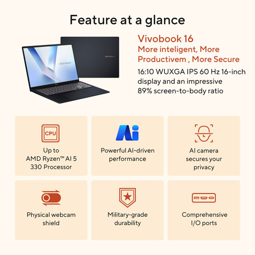 ASUS Vivobook 16" Copilot+ PC Laptop - Quiet Blue (AMD Ryzen AI 5 330/32GB RAM/512GB SSD/Windows 11)