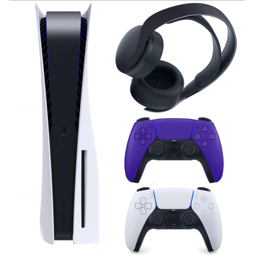 Refurbished - Sony PlayStation 5 PS5 Disc Version Console *NO STAND*, Extra Controller, and PULSE 3D Wireless Headset Bundle (White/Galactic
