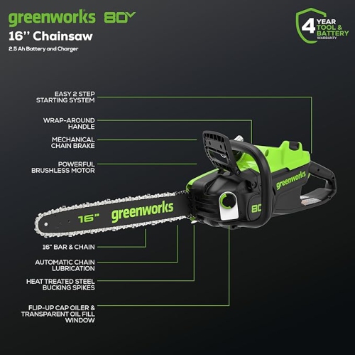 Greenworks 80V 16" Brushless Cordless Chainsaw, 2.5Ah Battery and Charger Included