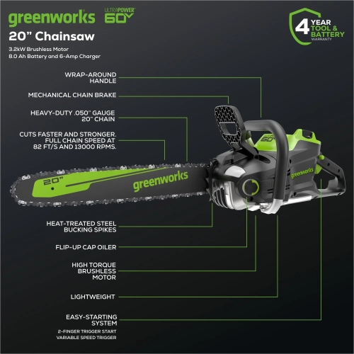 Greenworks 60V 20" Cordless Battery 3.2kW Chainsaw, 8.0Ah Battery & Rapid Charger Included