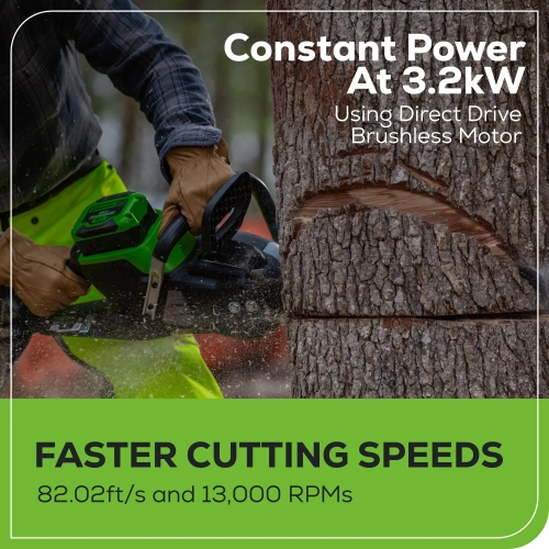 Greenworks 60V 20" Cordless Battery 3.2kW Chainsaw, 8.0Ah Battery & Rapid Charger Included