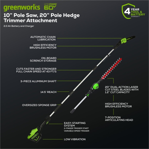 Greenworks 60V GEN II 10" Pole Saw & 20" Pole Hedge Trimmer, 2.0Ah Battery and Charger Included