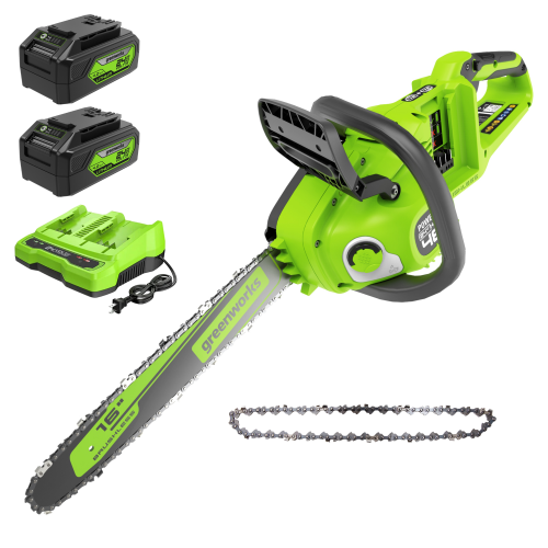 Greenworks 48V 16'' Chainsaw, (2) 4.0Ah Batteries & Charger Included BONUS: Extra Chain