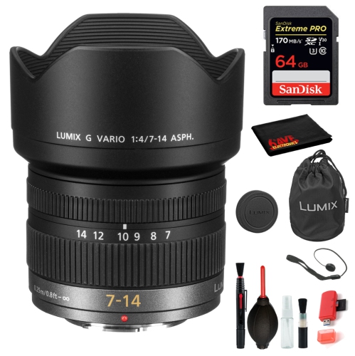 Panasonic Lumix G Vario 7-14mm f/4 ASPH. Lens with Bundle Kit Includes: Sandisk Extreme Pro 64GB SD Card + More