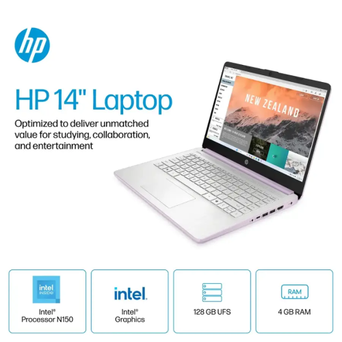 HP 14" Laptop, Intel Processor N150, 16GB Memory 128GB UFS, Microsoft Copilot, Windows 11 Home in S Mode, Wi-Fi 6, Lightweight, Honey Lavender