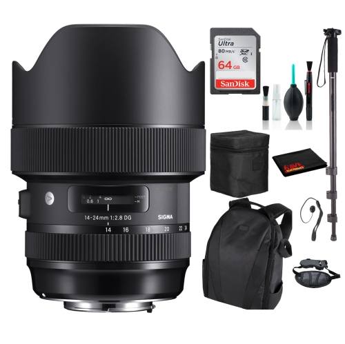 Sigma 14-24mm f/2.8 DG HSM Art Lens for Nikon F with Advance Bundle: Backpack + Sandisk 64gb SD+ More