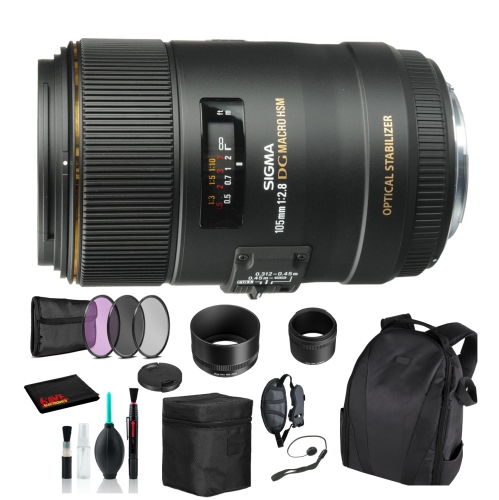 SIGMA  105MM F/2.8 Ex Dg Os Hsm Macro Lens for Nikon F With Essential Bundle: Backpack + 3PC Filter + More