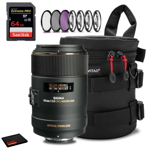 SIGMA  105MM F/2.8 Ex Dg Os Hsm Macro Lens for Nikon F With 7-Piece Filter Kit, 64GB Sdxc Memory Card And Protective Lens Case