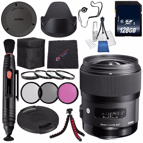 SIGMA  35MM F/1.4 Dg Hsm Art Lens for Nikon Dslr Cameras #340306 + 67MM 3 Piece Filter Kit + 128GB Sdxc Memory Card + Lens Pen Cleaner Bundle