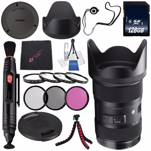 SIGMA  18-35MM F/1.8 Dc Hsm Art Lens for Nikon F #210306 + 72MM 3 Piece Filter Kit + 128GB Sdxc Memory Card + Lens Pen Cleaner + Cloth Bundle