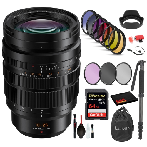 PANASONIC  Leica Dg Vario-Summilux 10-25MM F/1.7 Asph. Lens With: Sandisk Extreme Pro 64GB Sd Card, 9PC Filter Kit + More