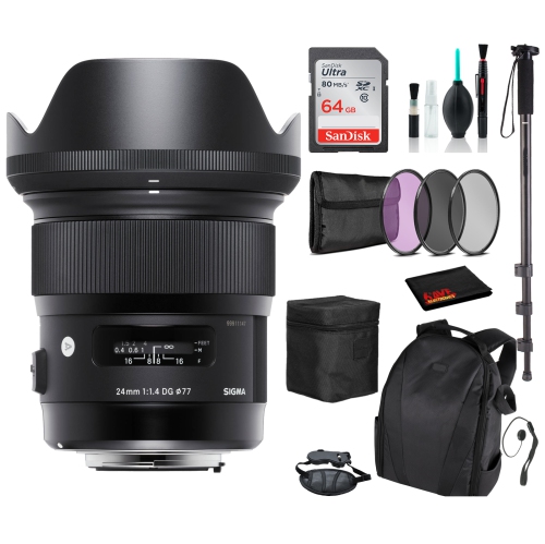 Sigma 24mm f/1.4 DG HSM Art Lens for Nikon F with Advance Bundle: Backpack + Sandisk 64gb SD+ More