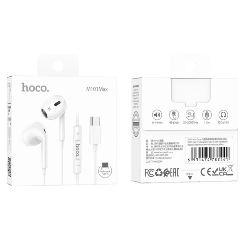 Hoco M101 Max USB-C Wire-Controlled Earphones with Microphone, White