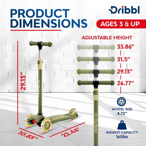 Trottinette à 3 roues pour enfants Dribl – Trottinette Lean-to-Steer avec guidon réglable, plateforme antidérapante, supports jusqu'à 165&nbsp;lb –