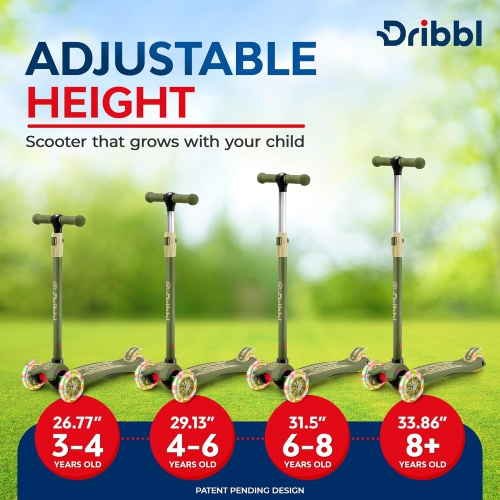 Trottinette à 3 roues pour enfants Dribl – Trottinette Lean-to-Steer avec guidon réglable, plateforme antidérapante, supports jusqu'à 165&nbsp;lb –