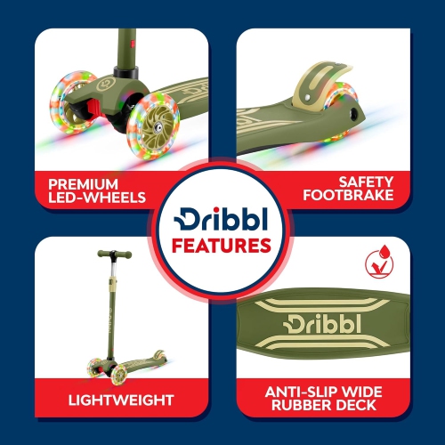 Trottinette à 3 roues pour enfants Dribl – Trottinette Lean-to-Steer avec guidon réglable, plateforme antidérapante, supports jusqu'à 165&nbsp;lb –