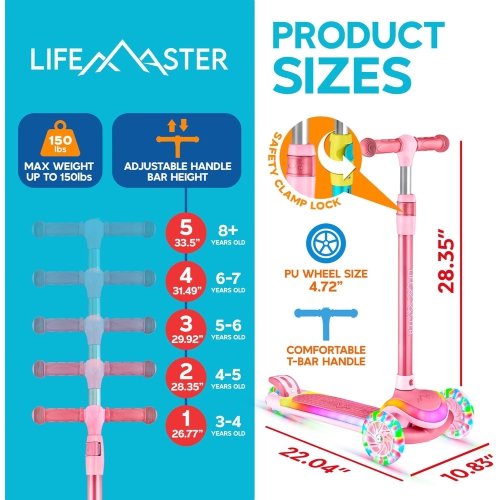Lifemaster 3-Wheel Kids Scooter with LED Lights on Deck & Wheels, 5-Height Adjustable Handlebar, Anti-Slip Deck, Safety Certified, Ages 3+, 150 lbs –