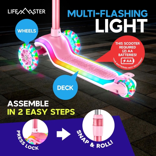 Lifemaster 3-Wheel Kids Scooter with LED Lights on Deck & Wheels, 5-Height Adjustable Handlebar, Anti-Slip Deck, Safety Certified, Ages 3+, 150 lbs –