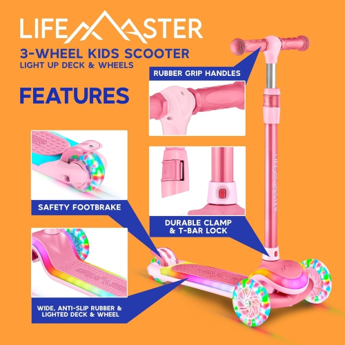 Lifemaster 3-Wheel Kids Scooter with LED Lights on Deck & Wheels, 5-Height Adjustable Handlebar, Anti-Slip Deck, Safety Certified, Ages 3+, 150 lbs –