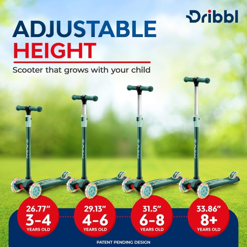 Trottinette à 3 roues pour enfants Dribl – Trottinette Lean-to-Steer avec guidon réglable, plateforme antidérapante, supports jusqu'à 165&nbsp;lb –