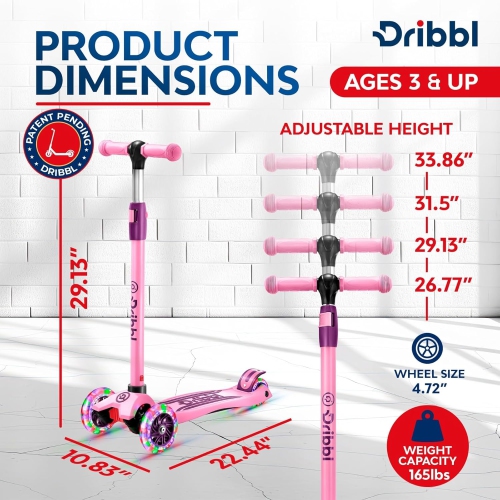 Dribbl 3-Wheel Kids Scooter – Lean-to-Steer Kick Scooter with Adjustable Handlebar, Anti-Slip Deck, Supports Up to 165 lbs – For Boys & Girls Age 3+,