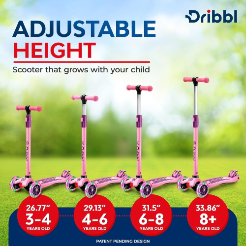 Dribbl 3-Wheel Kids Scooter – Lean-to-Steer Kick Scooter with Adjustable Handlebar, Anti-Slip Deck, Supports Up to 165 lbs – For Boys & Girls Age 3+,