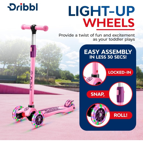 Dribbl 3-Wheel Kids Scooter – Lean-to-Steer Kick Scooter with Adjustable Handlebar, Anti-Slip Deck, Supports Up to 165 lbs – For Boys & Girls Age 3+,
