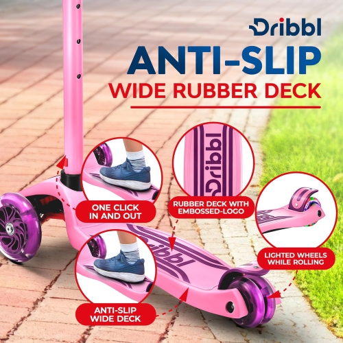 Dribbl 3-Wheel Kids Scooter – Lean-to-Steer Kick Scooter with Adjustable Handlebar, Anti-Slip Deck, Supports Up to 165 lbs – For Boys & Girls Age 3+,