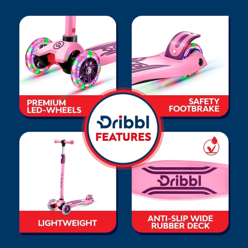Dribbl 3-Wheel Kids Scooter – Lean-to-Steer Kick Scooter with Adjustable Handlebar, Anti-Slip Deck, Supports Up to 165 lbs – For Boys & Girls Age 3+,