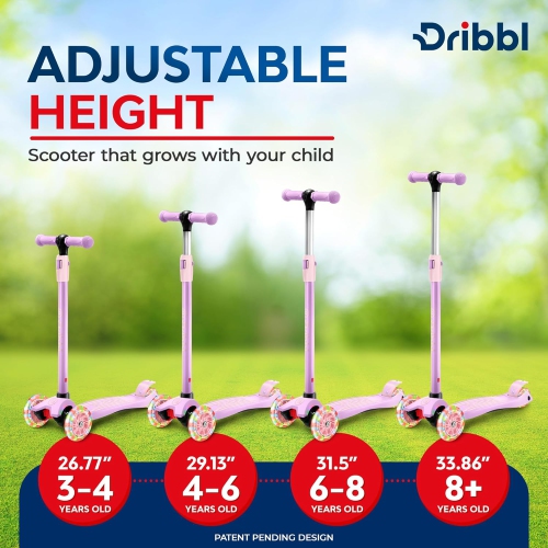 Trottinette à 3 roues pour enfants Dribl – Trottinette Lean-to-Steer avec guidon réglable, plateforme antidérapante, supports jusqu'à 165 lb –