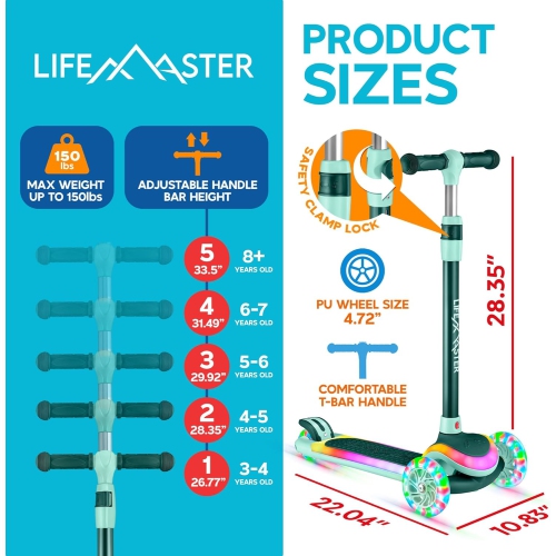 Lifemaster 3-Wheel Kids Scooter with LED Deck & Wheel Lights, 5-Height Adjustable Handlebar, Wide Anti-Slip Deck, Safety Certified, Ages 3+, 150 lbs