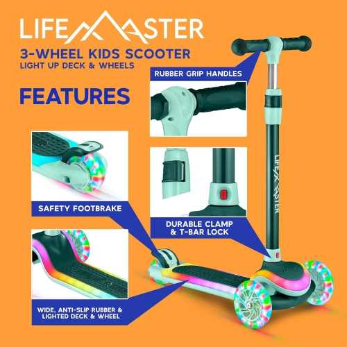 Lifemaster 3-Wheel Kids Scooter with LED Deck & Wheel Lights, 5-Height Adjustable Handlebar, Wide Anti-Slip Deck, Safety Certified, Ages 3+, 150 lbs