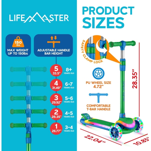 Trottinette à 3 roues pour enfants Lifemaster avec roues et lumières LED, guidon à 5 hauteurs réglables, plateforme large antidérapante, 3 ans et