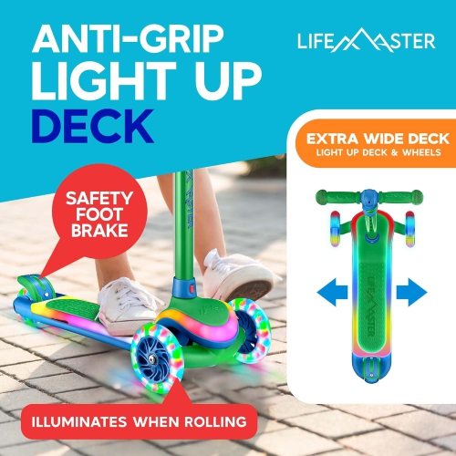 Trottinette à 3 roues pour enfants Lifemaster avec roues et lumières LED, guidon à 5 hauteurs réglables, plateforme large antidérapante, 3 ans et