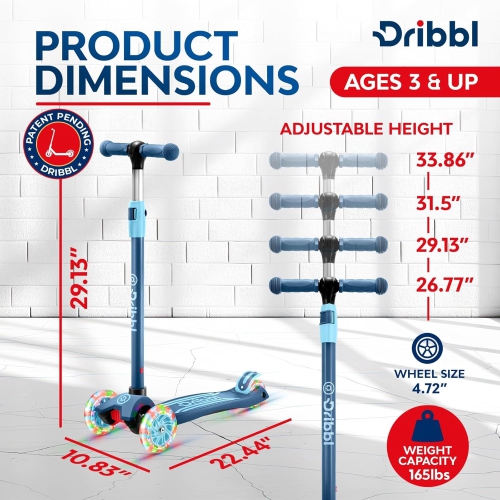 Trottinette à 3 roues pour enfants Dribl – Trottinette Lean-to-Steer avec guidon réglable, plateforme antidérapante, supports jusqu'à 165&nbsp;lb –