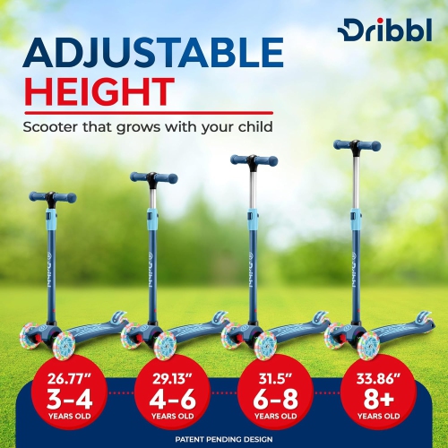 Trottinette à 3 roues pour enfants Dribl – Trottinette Lean-to-Steer avec guidon réglable, plateforme antidérapante, supports jusqu'à 165&nbsp;lb –