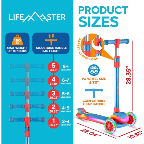 Lifemaster 3-Wheel Kids Scooter with LED Deck & Wheel Lights, 5-Height Adjustable Handlebar, Anti-Slip Deck, Safety Certified, Ages 3+, 150 lbs –