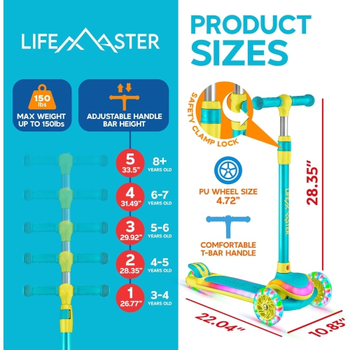 Trottinette à 3 roues pour enfants Lifemaster avec lumières LED sur la plateforme et les roulettes, guidon à 5 hauteurs réglables, plateforme