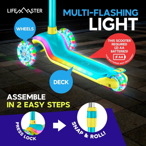 Trottinette à 3 roues pour enfants Lifemaster avec lumières LED sur la plateforme et les roulettes, guidon à 5 hauteurs réglables, plateforme