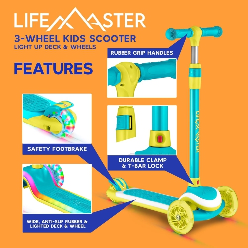 Trottinette à 3 roues pour enfants Lifemaster avec lumières LED sur la plateforme et les roulettes, guidon à 5 hauteurs réglables, plateforme