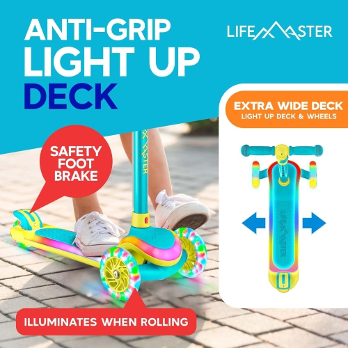 Trottinette à 3 roues pour enfants Lifemaster avec lumières LED sur la plateforme et les roulettes, guidon à 5 hauteurs réglables, plateforme